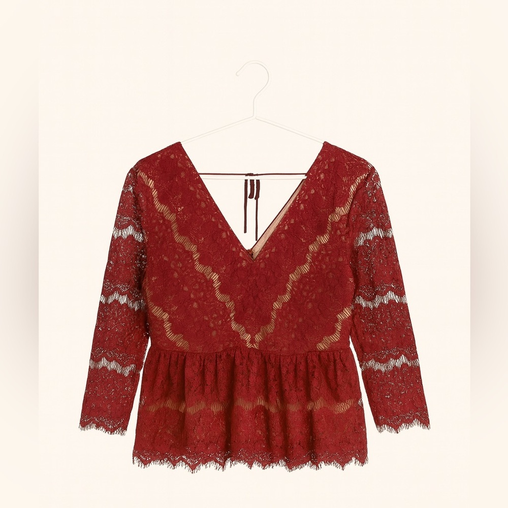 Maeve Anthropologie Burgundy Lace Peplum Top | Nude Lining | Size L